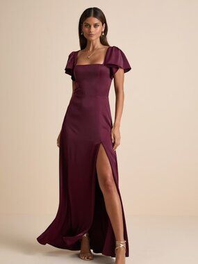 Lulus Ultimate Sweetness Plum Satin Flutter Sleeve Maxi Dress Purple - Size L